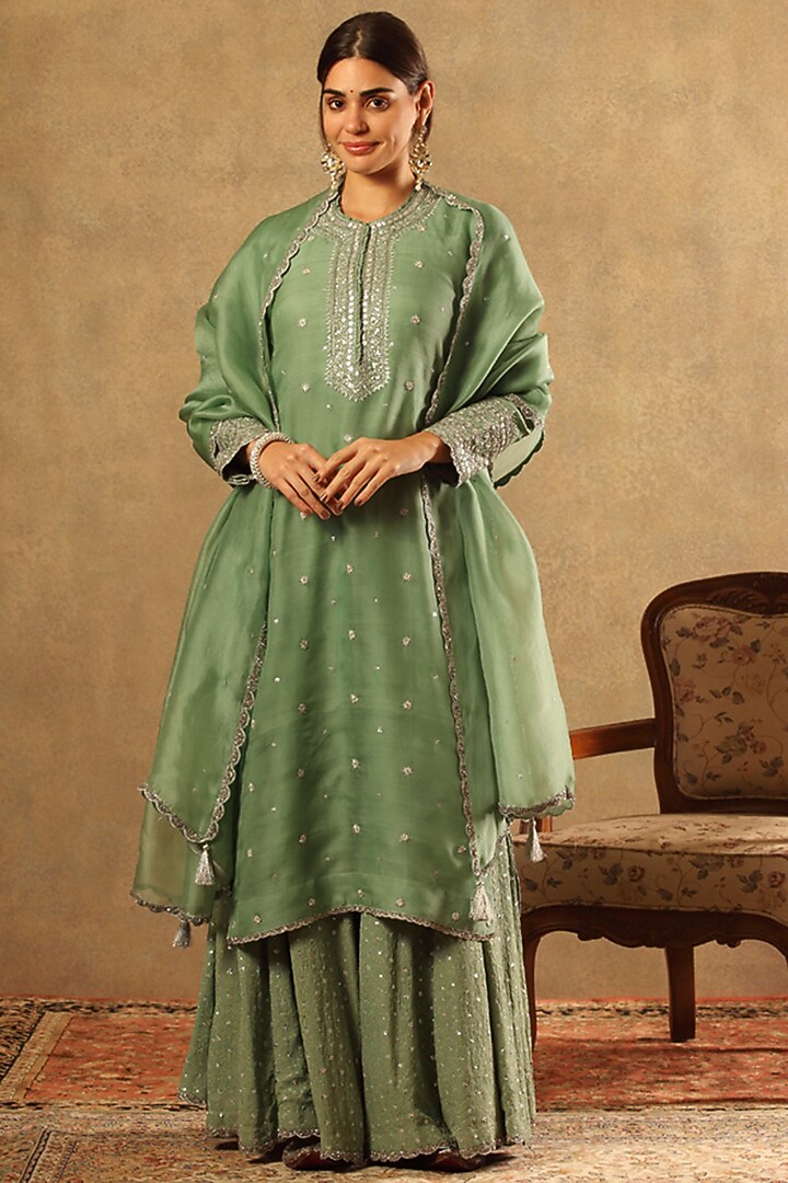 Spruce Green Handwoven Silk Chiffon Bridal Sharara Set by Trisvaraa at Pernia's Pop Up Shop