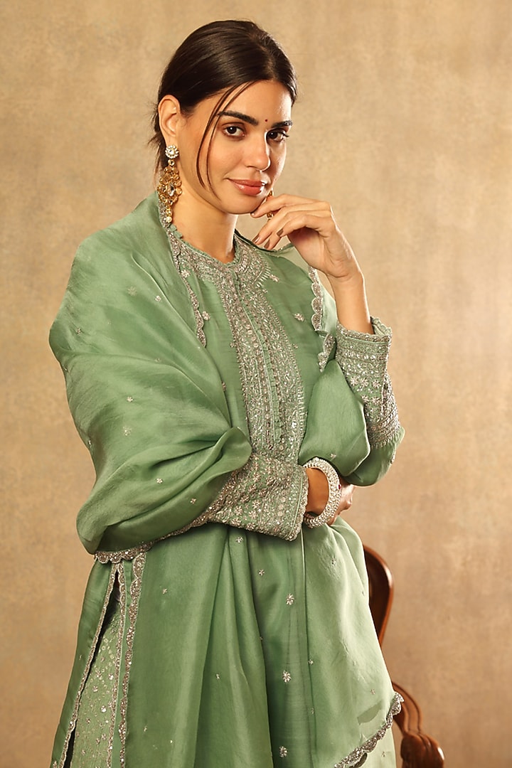 Spruce Green Handwoven Silk Chiffon Bridal Sharara Set by Trisvaraa at Pernia's Pop Up Shop