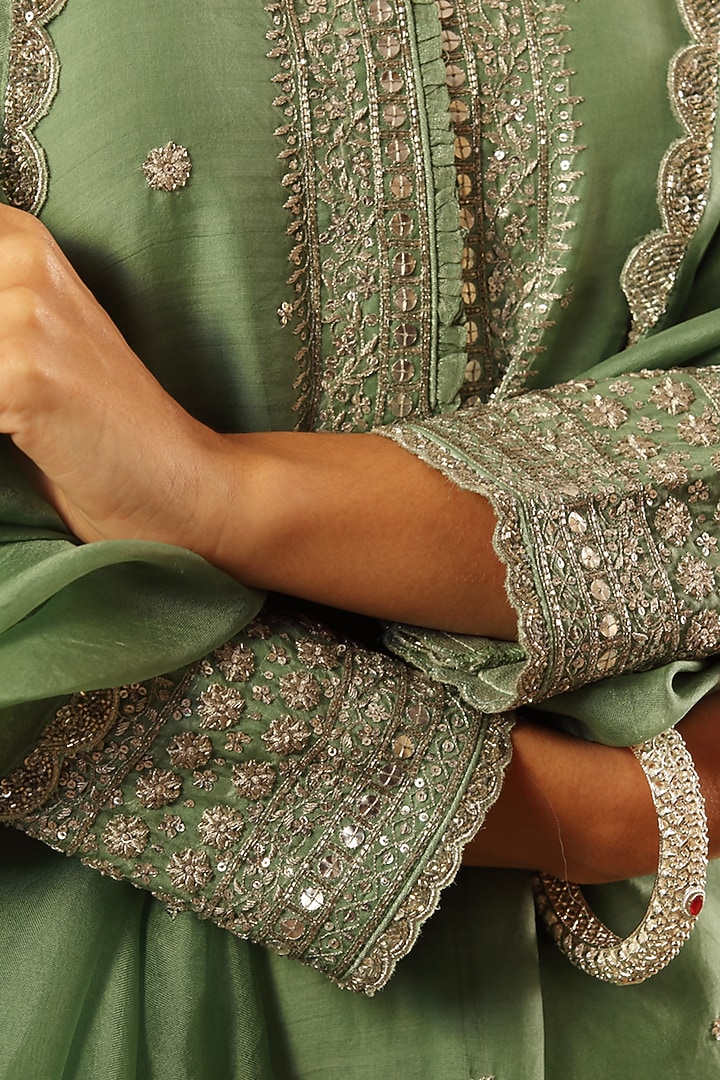 Spruce Green Handwoven Silk Chiffon Bridal Sharara Set by Trisvaraa at Pernia's Pop Up Shop