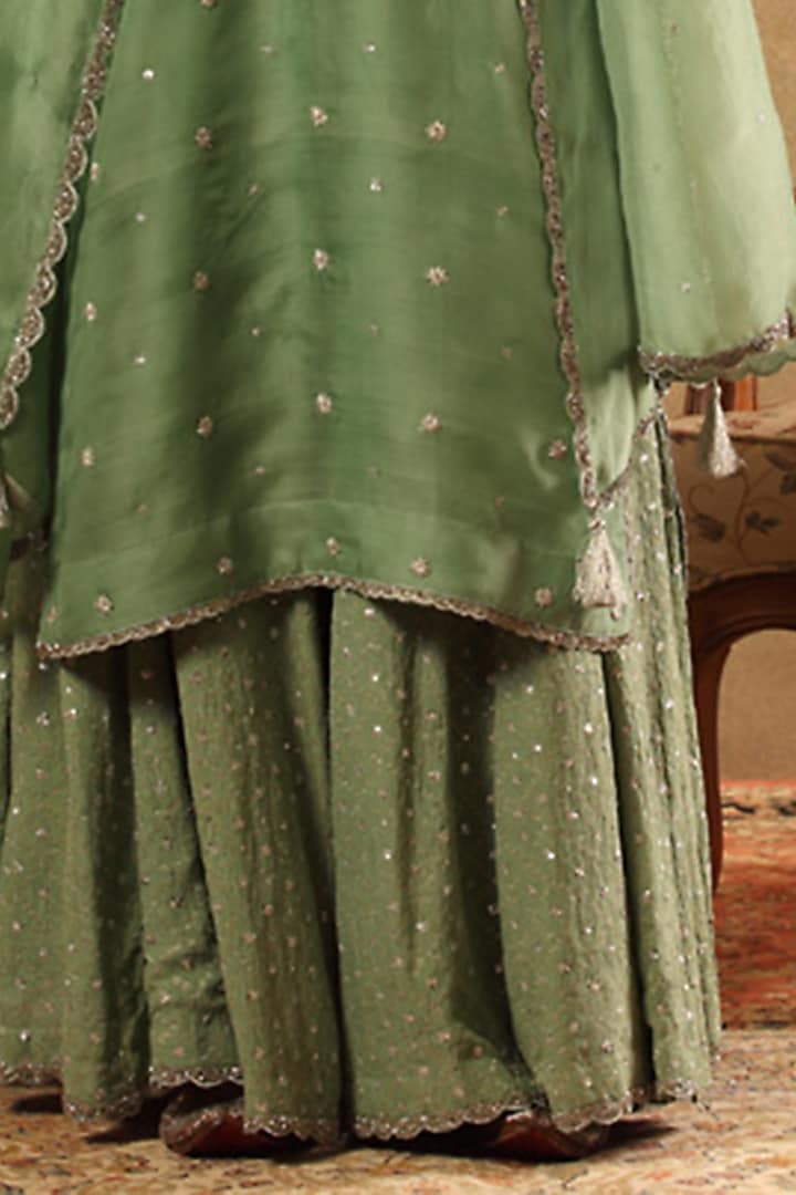 Spruce Green Handwoven Silk Chiffon Bridal Sharara Set by Trisvaraa at Pernia's Pop Up Shop