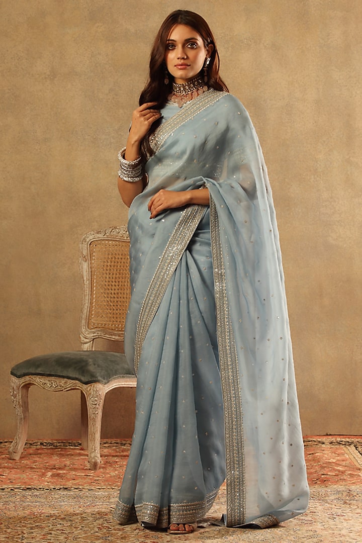 Blue Pure Silk Organza Hand Embroidered Saree Set by Trisvaraa