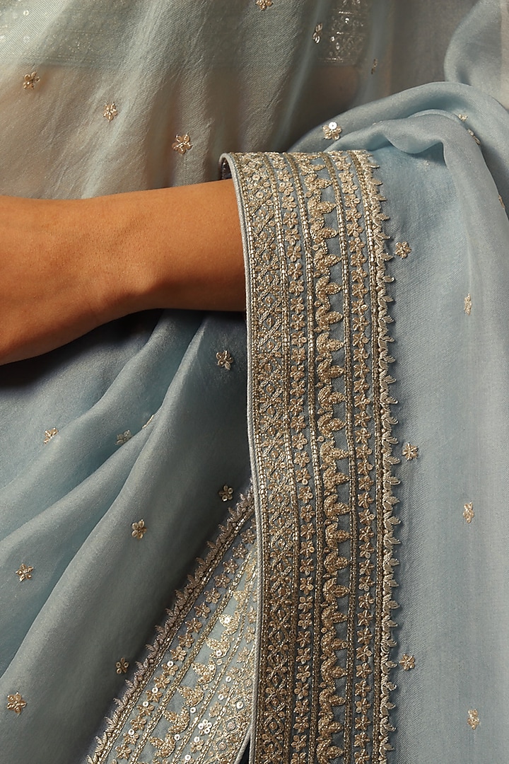 Blue Pure Silk Organza Hand Embroidered Reception Saree Set by Trisvaraa at Pernia's Pop Up Shop