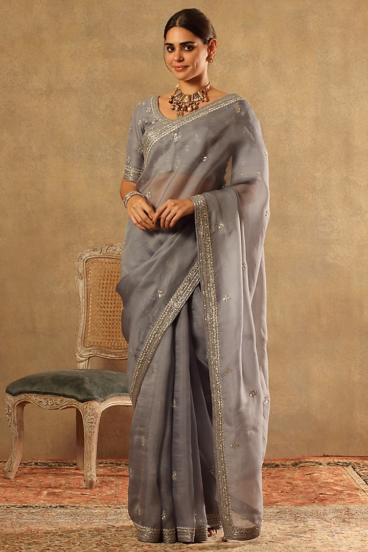 Grey Pure Silk Organza Embroidered Saree Set by Trisvaraa at Pernia's Pop Up Shop