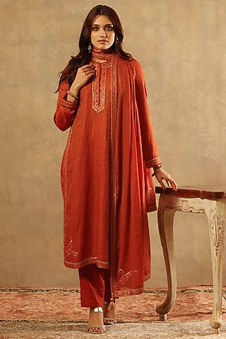 Clay Red Silk Cotton Embroidered Kurta Set by Trisvaraa