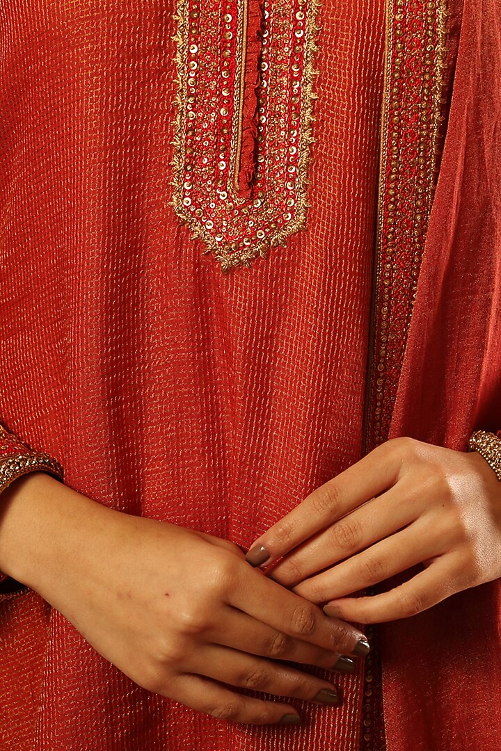 Clay Red Silk Cotton Embroidered Kurta Set by Trisvaraa at Pernia's Pop Up Shop