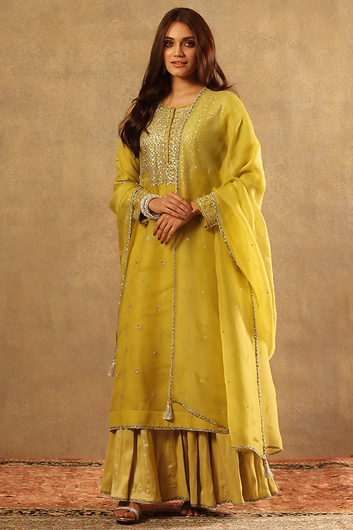 Dusty Lime Green Silk Cotton Bridal Sharara Set by Trisvaraa at Pernia's Pop Up Shop