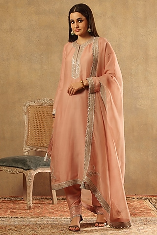 Dusty Pink Pure Silk Organza Embroidered Kurta Set by Trisvaraa