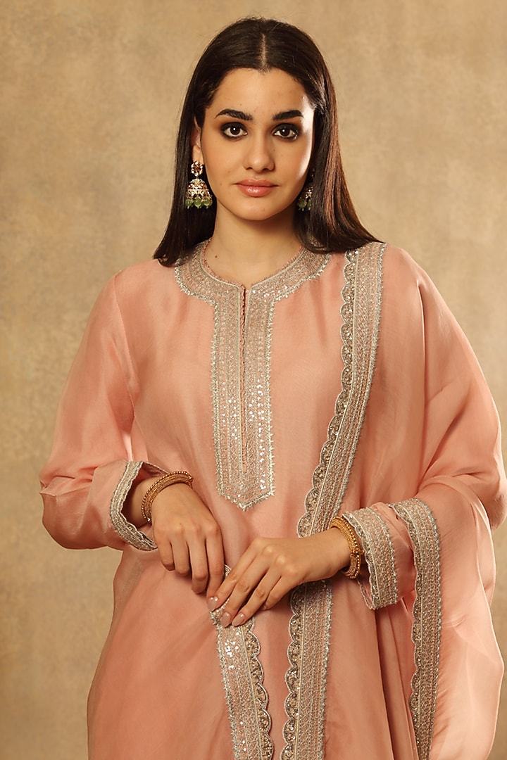 Dusty Pink Pure Silk Organza Embroidered Kurta Set by Trisvaraa at Pernia's Pop Up Shop