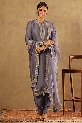 Blue Pure Silk Organza Embroidered Kurta Set by Trisvaraa