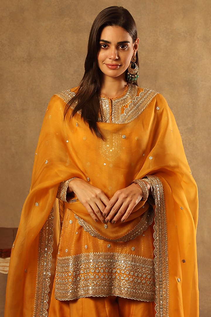 Mango Yellow Pure Silk Organza Bridal Sharara Set by Trisvaraa at Pernia's Pop Up Shop