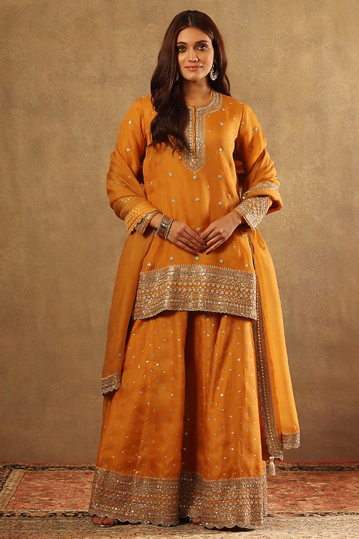 Mango Yellow Pure Silk Organza Bridal Sharara Set by Trisvaraa at Pernia's Pop Up Shop