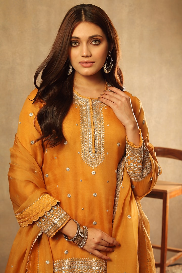 Mango Yellow Pure Silk Organza Bridal Sharara Set by Trisvaraa at Pernia's Pop Up Shop