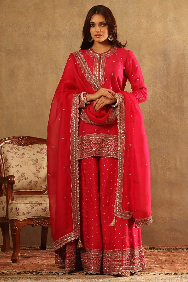 Carmine Pink Pure Silk Organza Bridal Sharara Set by Trisvaraa at Pernia's Pop Up Shop