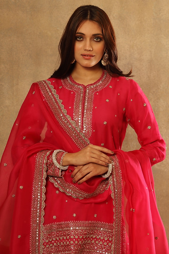Carmine Pink Pure Silk Organza Bridal Sharara Set by Trisvaraa at Pernia's Pop Up Shop