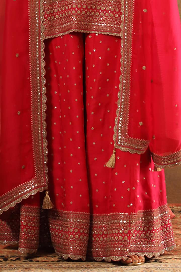 Carmine Pink Pure Silk Organza Bridal Sharara Set by Trisvaraa at Pernia's Pop Up Shop