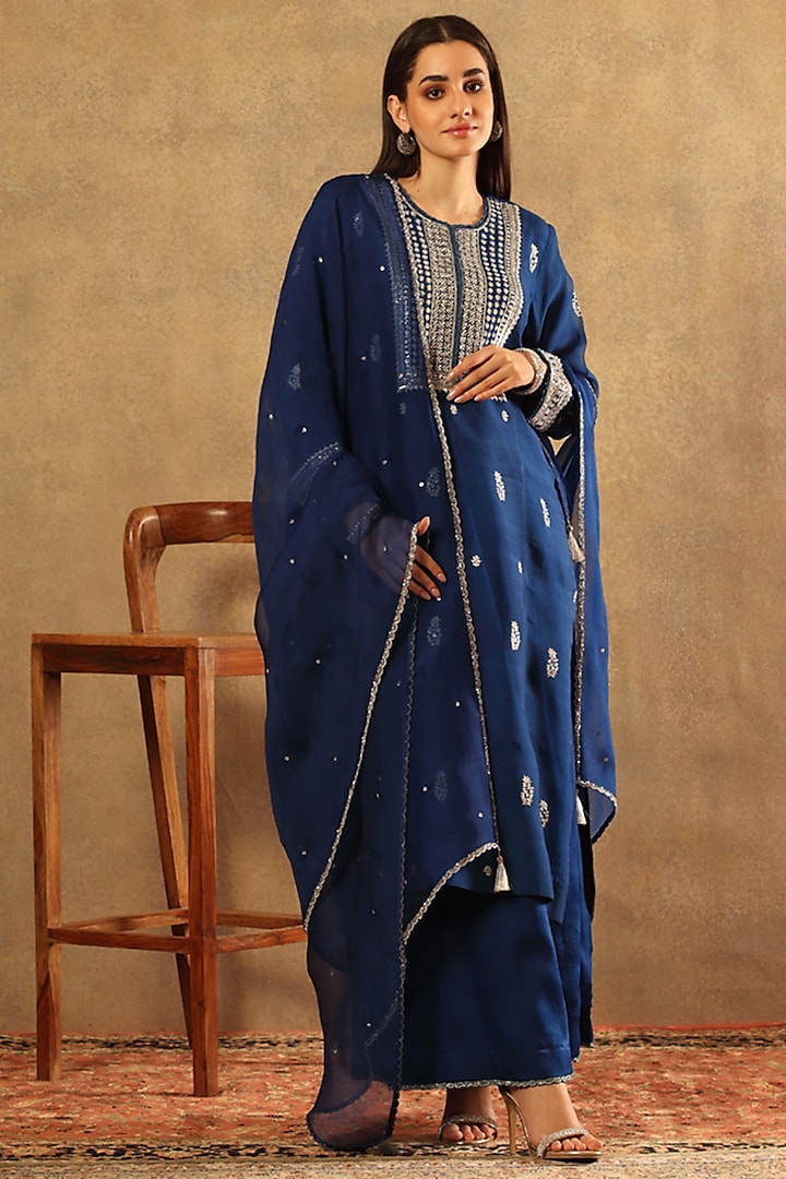 Opal Blue Handwoven Katan Silk Embroidered Kurta Set by Trisvaraa