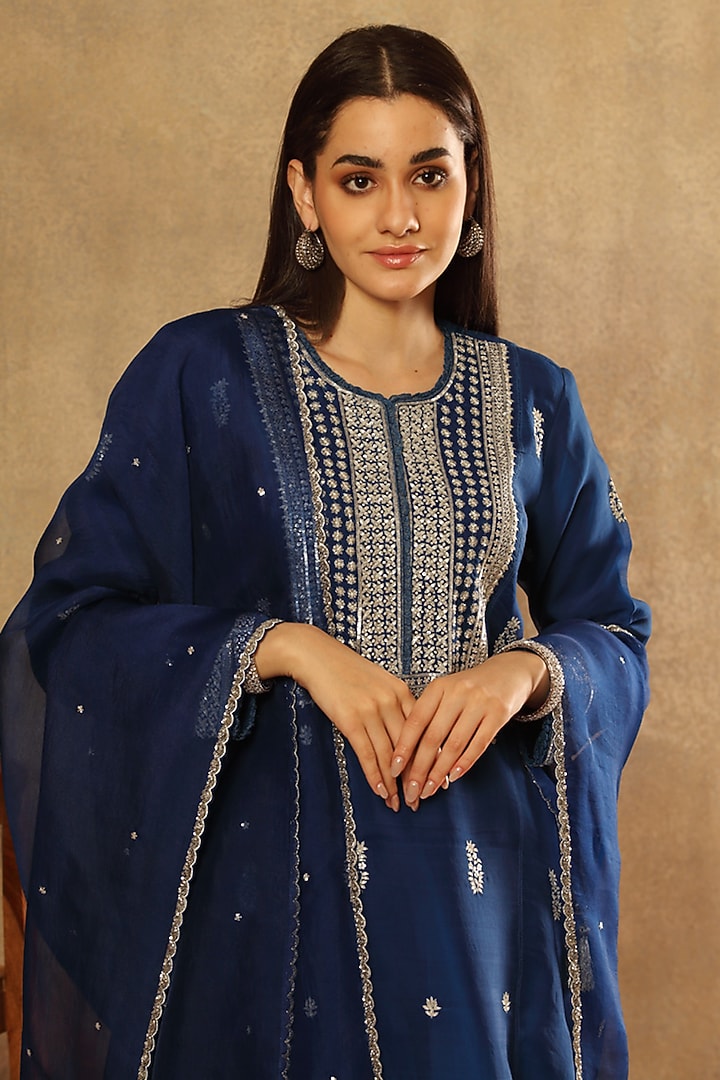 Opal Blue Handwoven Katan Silk Embroidered Kurta Set by Trisvaraa at Pernia's Pop Up Shop