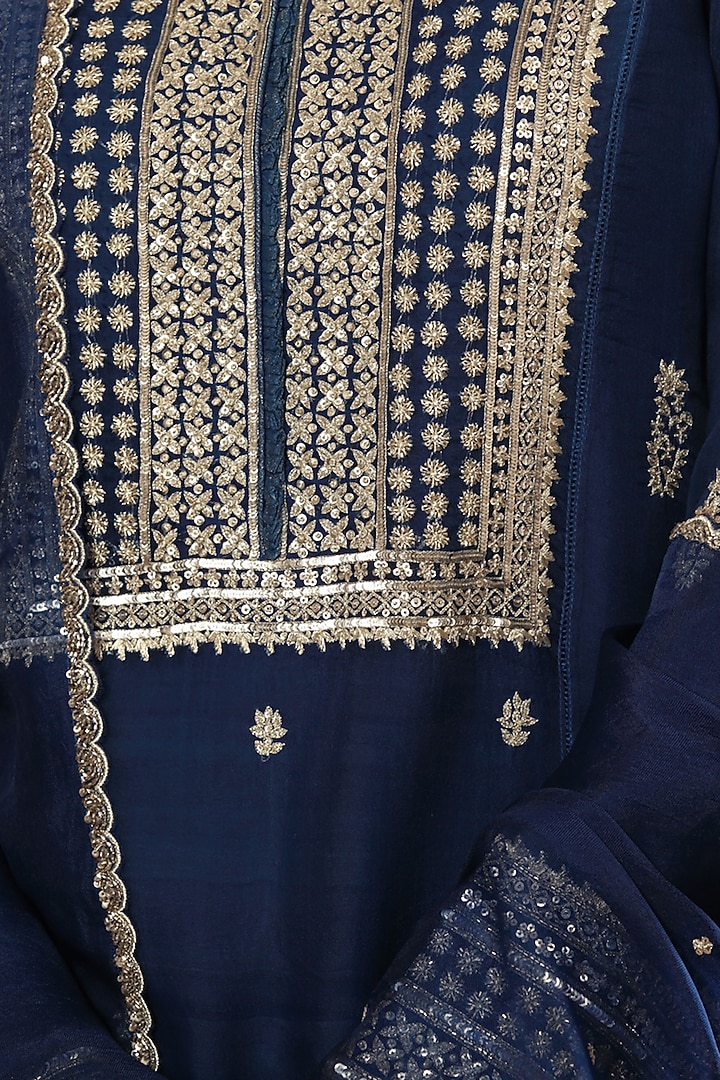 Opal Blue Handwoven Katan Silk Embroidered Kurta Set by Trisvaraa at Pernia's Pop Up Shop