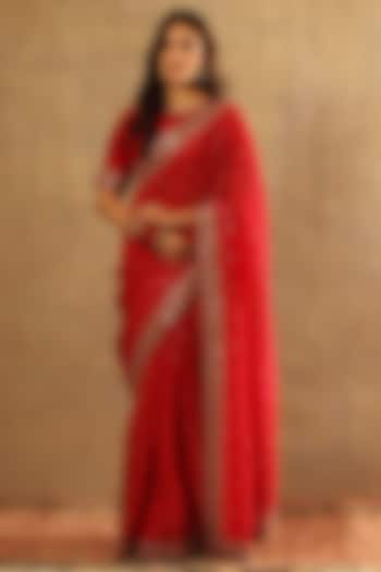 Deep Red Silk Organza Hand Embroidered Reception Saree Set by Trisvaraa at Pernia's Pop Up Shop