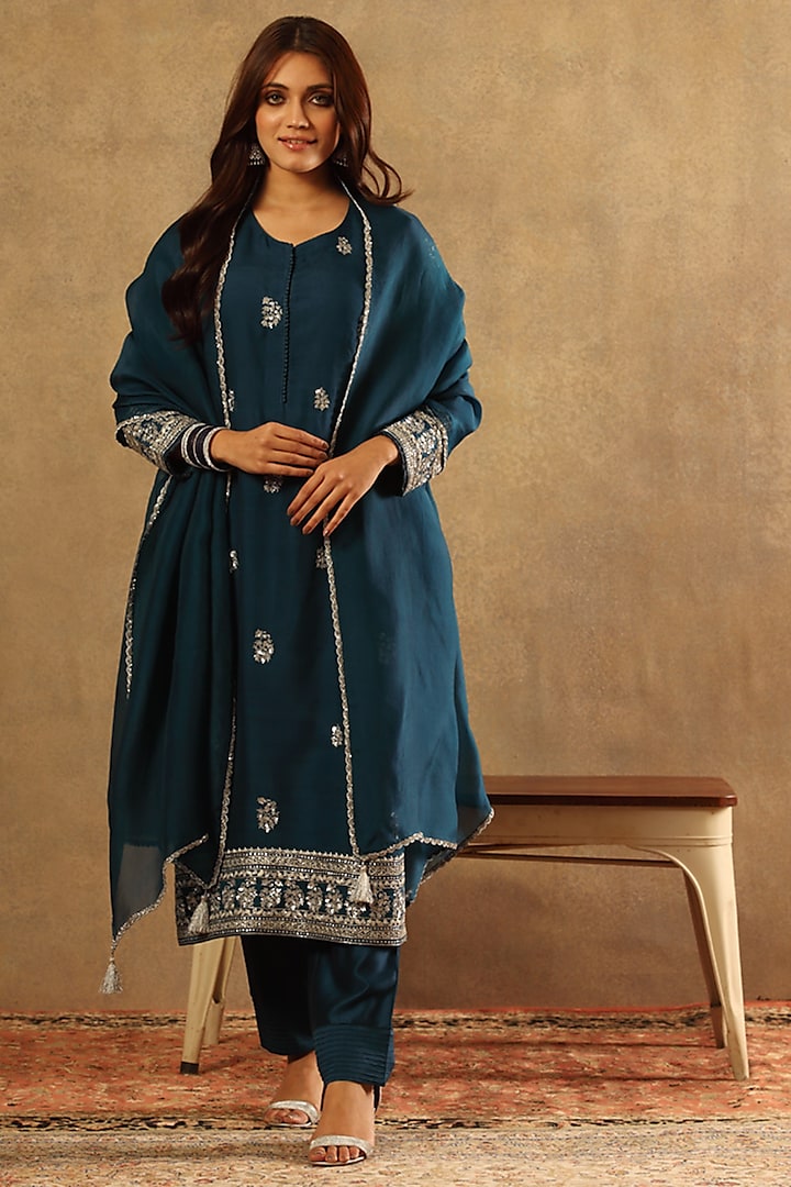 Blue Handwoven Katan Silk Embroidered Kurta Set by Trisvaraa