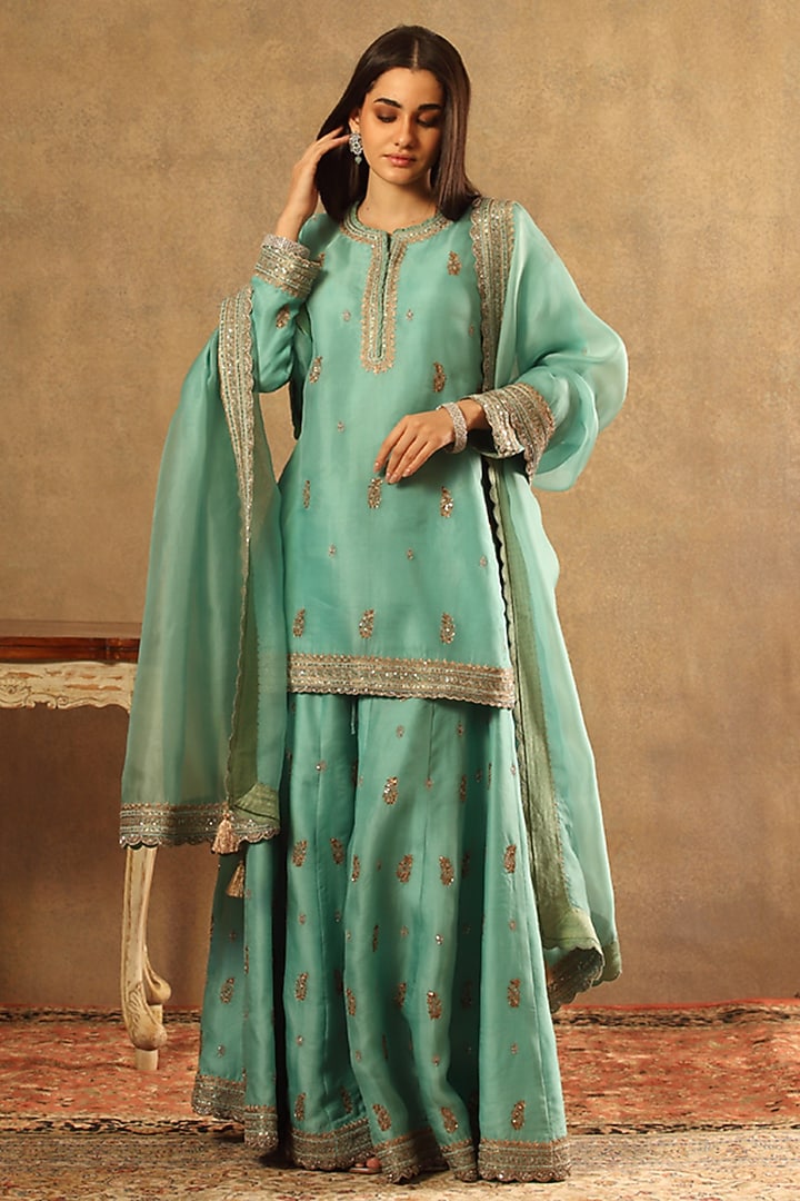 Sea Blue Handwoven Silk Cotton Striped Bridal Sharara Set by Trisvaraa at Pernia's Pop Up Shop