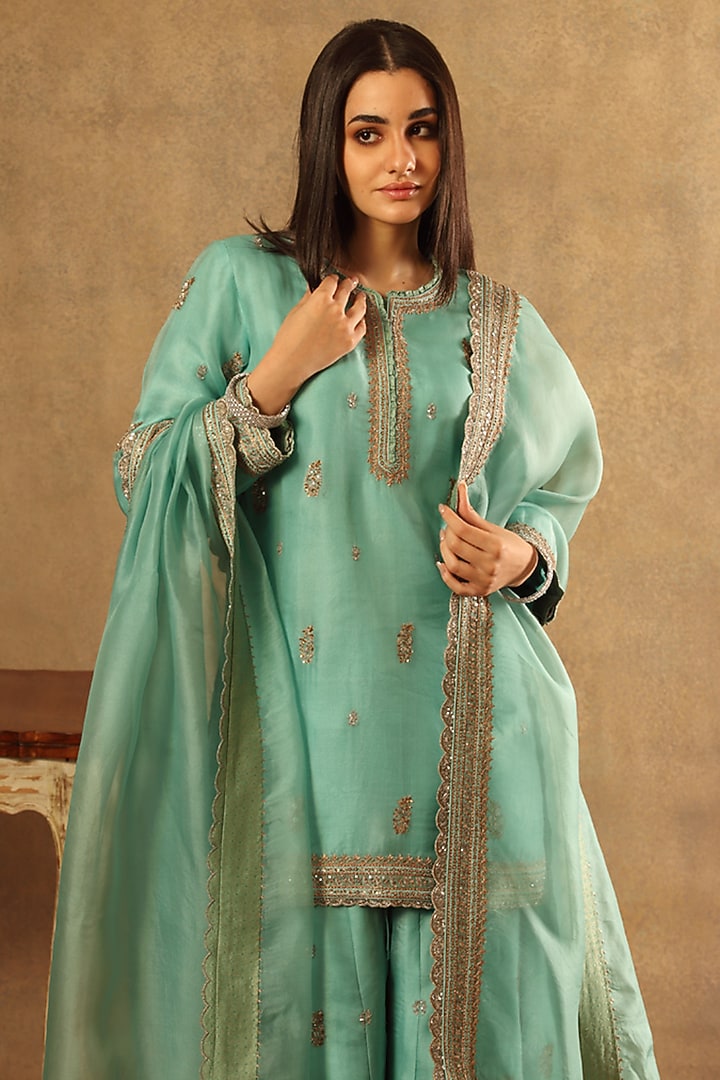 Sea Blue Handwoven Silk Cotton Striped Bridal Sharara Set by Trisvaraa at Pernia's Pop Up Shop