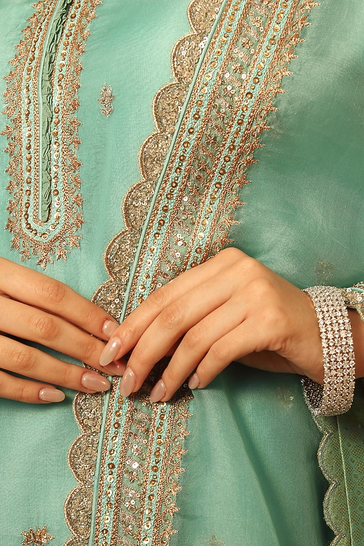 Sea Blue Handwoven Silk Cotton Striped Bridal Sharara Set by Trisvaraa at Pernia's Pop Up Shop