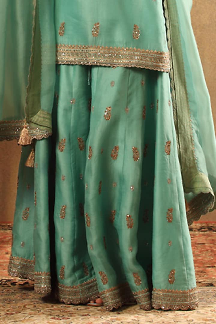 Sea Blue Handwoven Silk Cotton Striped Bridal Sharara Set by Trisvaraa at Pernia's Pop Up Shop
