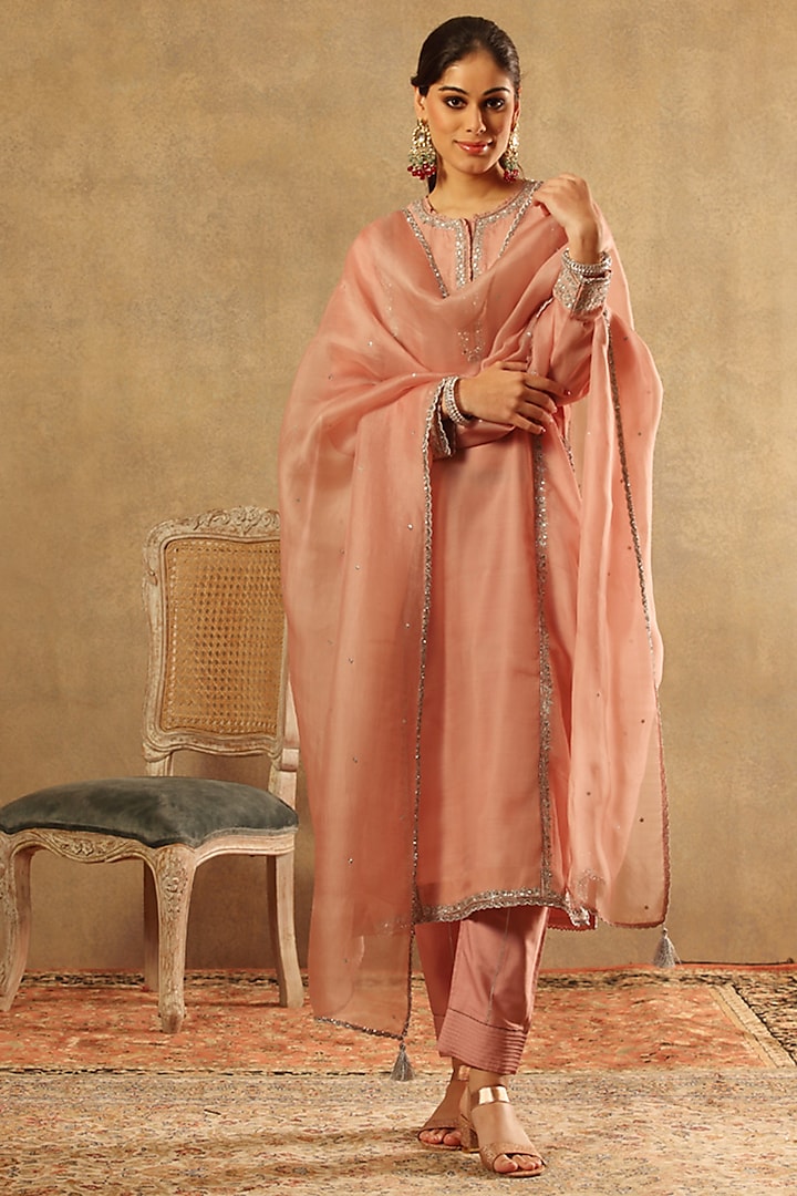 Pink Handwoven Katan Silk Embroidered Kurta Set by Trisvaraa