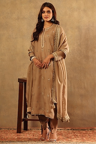 Beige Handwoven Katan Silk Embroidered Kurta Set by Trisvaraa