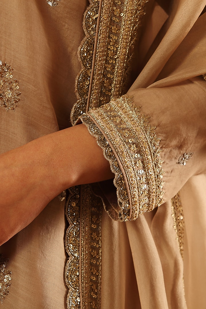 Beige Handwoven Katan Silk Embroidered Kurta Set by Trisvaraa at Pernia's Pop Up Shop