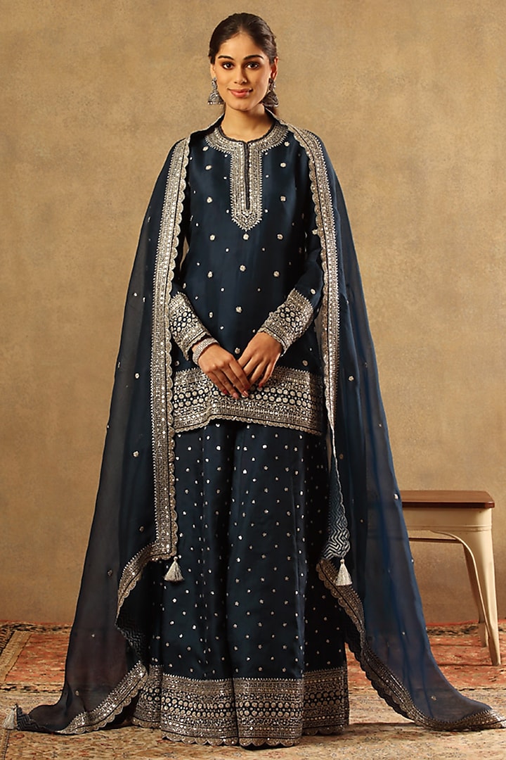 Blue Pure Silk Organza Embroidered Sharara Set by Trisvaraa at Pernia's Pop Up Shop