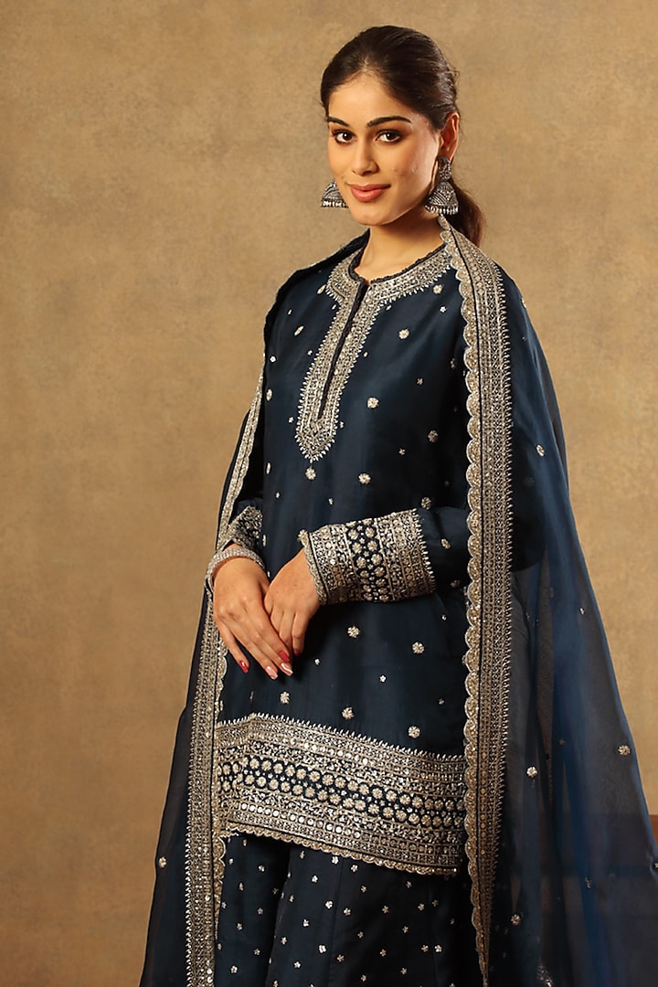 Blue Pure Silk Organza Embroidered Bridal Sharara Set by Trisvaraa at Pernia's Pop Up Shop