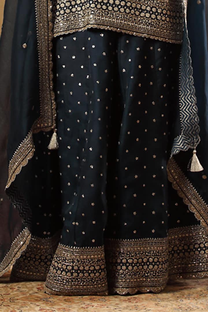 Blue Pure Silk Organza Embroidered Bridal Sharara Set by Trisvaraa at Pernia's Pop Up Shop