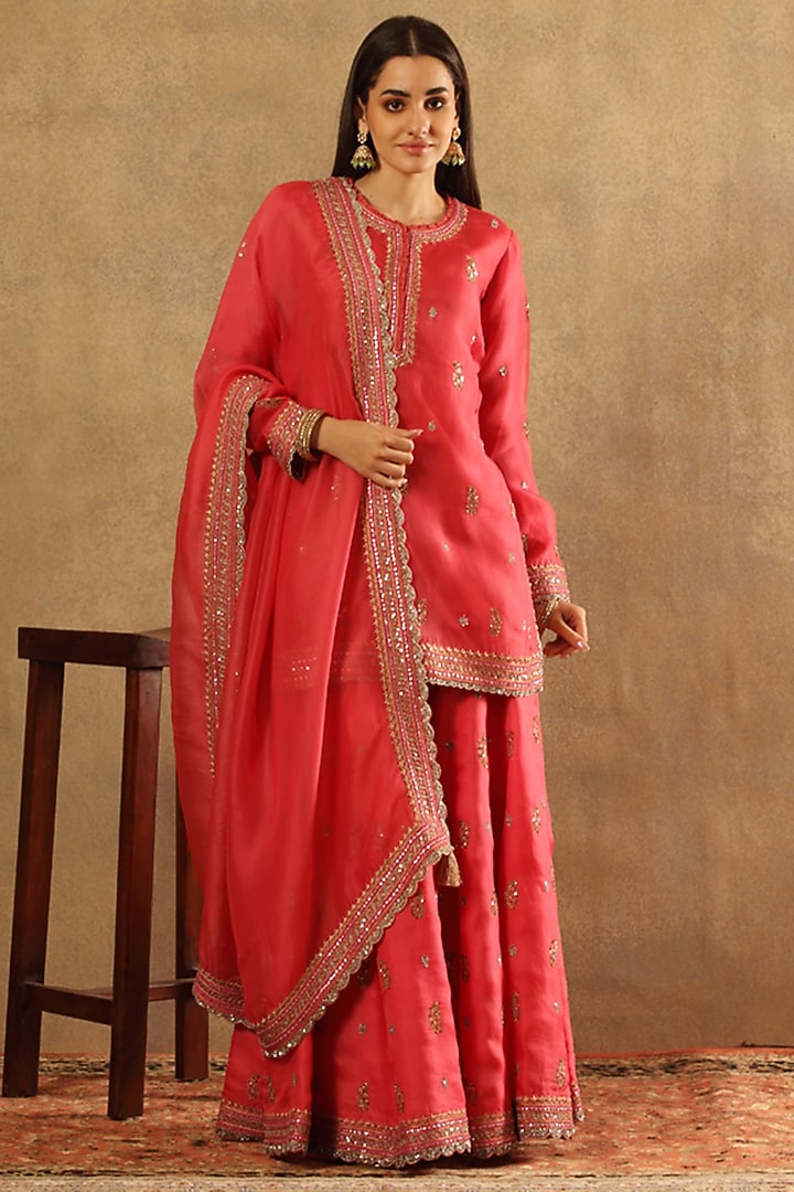Candy Pink Pure Silk Organza Embroidered Bridal Sharara Set by Trisvaraa at Pernia's Pop Up Shop