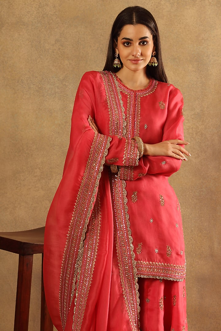 Candy Pink Pure Silk Organza Embroidered Bridal Sharara Set by Trisvaraa at Pernia's Pop Up Shop