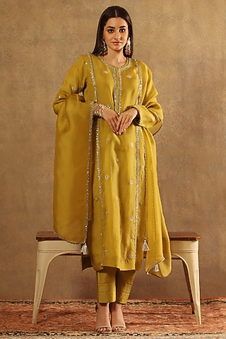 Dusty Lime Handwoven Katan Silk Embroidered Kurta Set by Trisvaraa