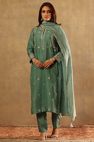 Turquoise Blue Handwoven Katan Silk Embroidered Kurta Set by Trisvaraa