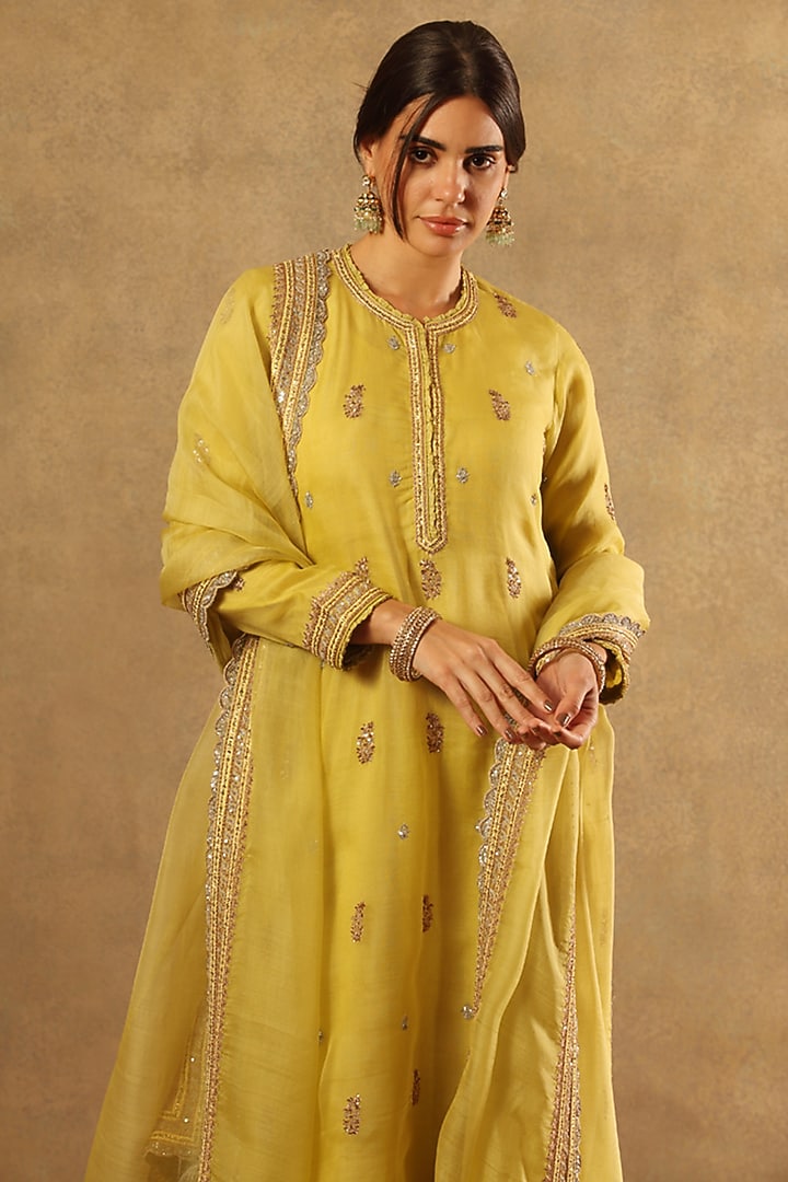 Green Pure Metallic Silk Cotton Embroidered Bridal Sharara Set by Trisvaraa at Pernia's Pop Up Shop
