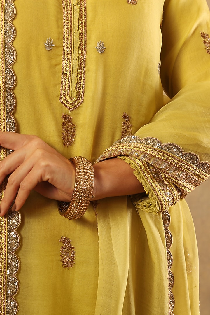 Green Pure Metallic Silk Cotton Embroidered Bridal Sharara Set by Trisvaraa at Pernia's Pop Up Shop