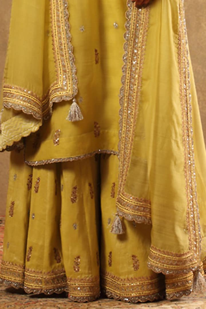 Green Pure Metallic Silk Cotton Embroidered Bridal Sharara Set by Trisvaraa at Pernia's Pop Up Shop
