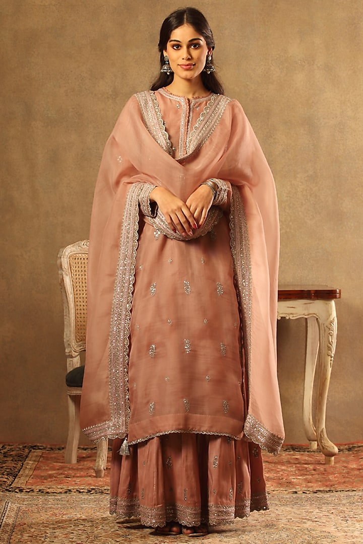 Rose Brown Pure Metallic Silk Cotton Embroidered Sharara Set by Trisvaraa