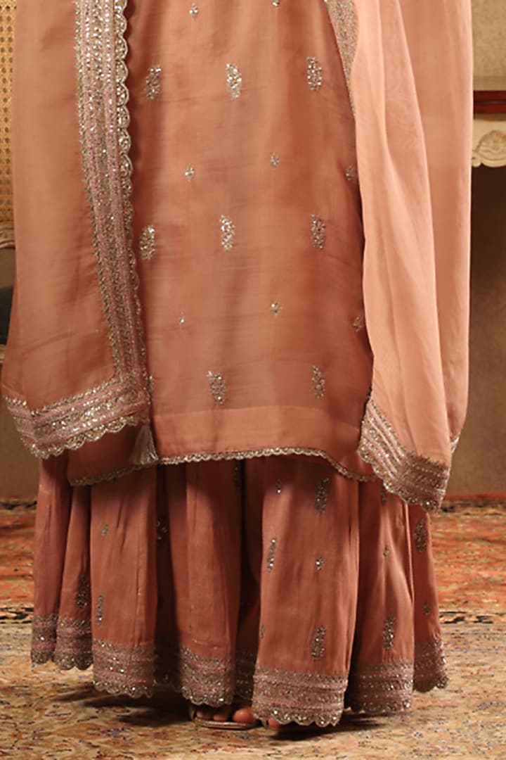 Rose Brown Pure Metallic Silk Cotton Embroidered Bridal Sharara Set by Trisvaraa at Pernia's Pop Up Shop
