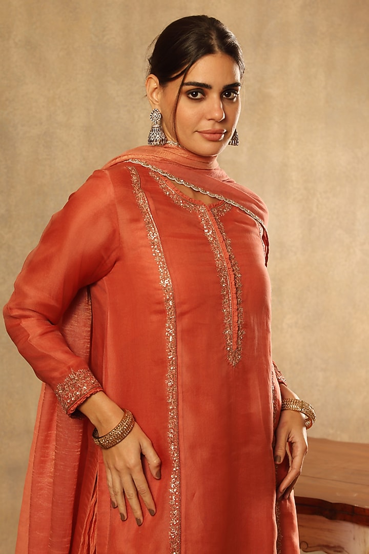Burnt Peach Pure Silk Cotton Wedding Sharara Set by Trisvaraa at Pernia's Pop Up Shop