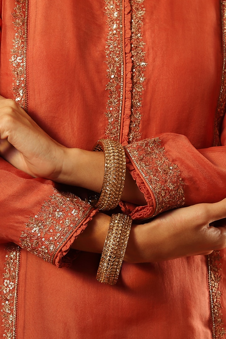 Burnt Peach Pure Silk Cotton Wedding Sharara Set by Trisvaraa at Pernia's Pop Up Shop