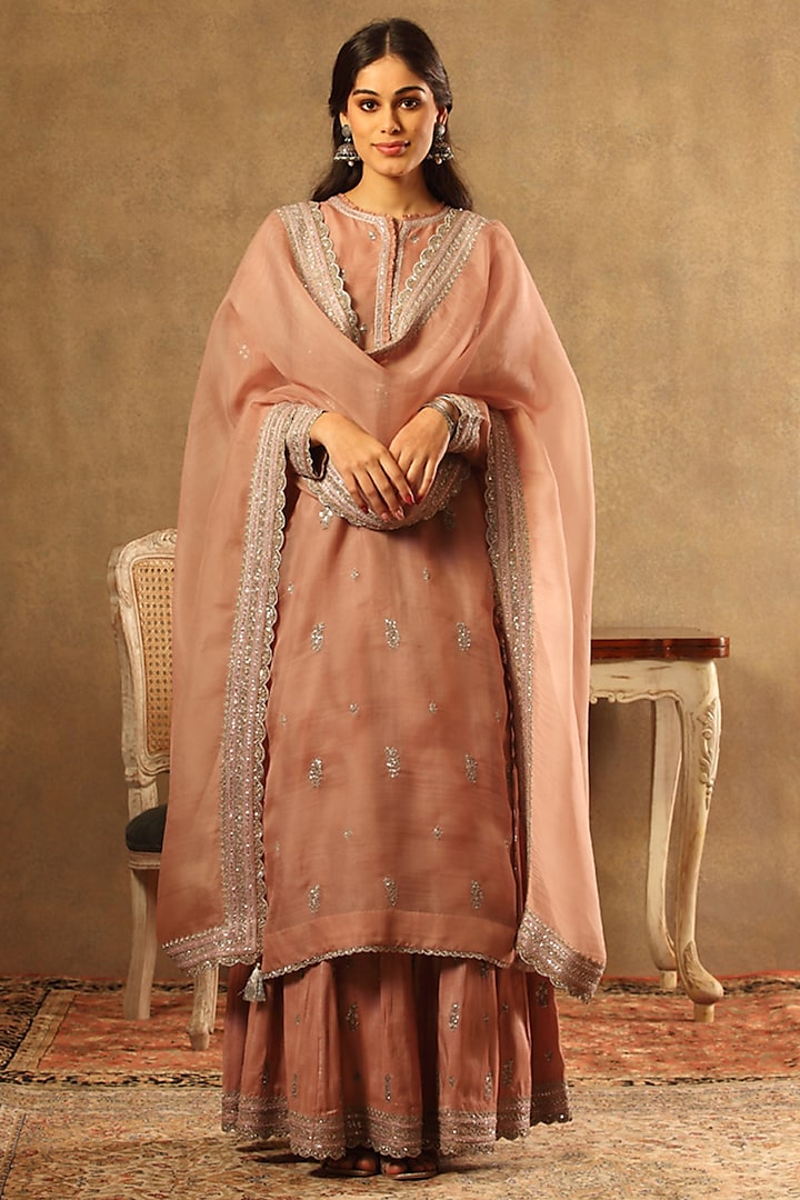 Pink Pure Silk Organza Embroidered Sharara Set by Trisvaraa