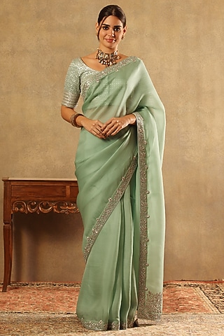Fern Green Pure Silk Organza Hand Embroidered Saree Set by Trisvaraa