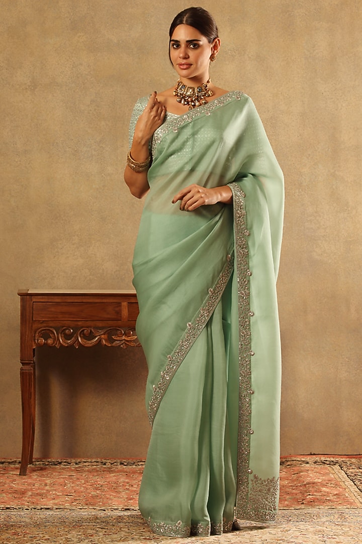 Fern Green Pure Silk Organza Hand Embroidered Reception Saree Set by Trisvaraa at Pernia's Pop Up Shop