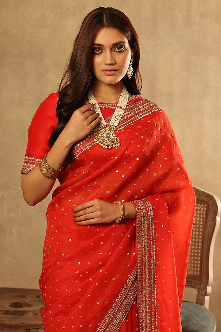 Red Orange Pure Silk Organza Hand Embroidered Reception Saree Set by Trisvaraa at Pernia's Pop Up Shop