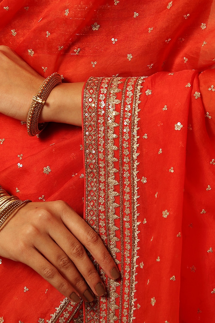 Red Orange Pure Silk Organza Hand Embroidered Reception Saree Set by Trisvaraa at Pernia's Pop Up Shop